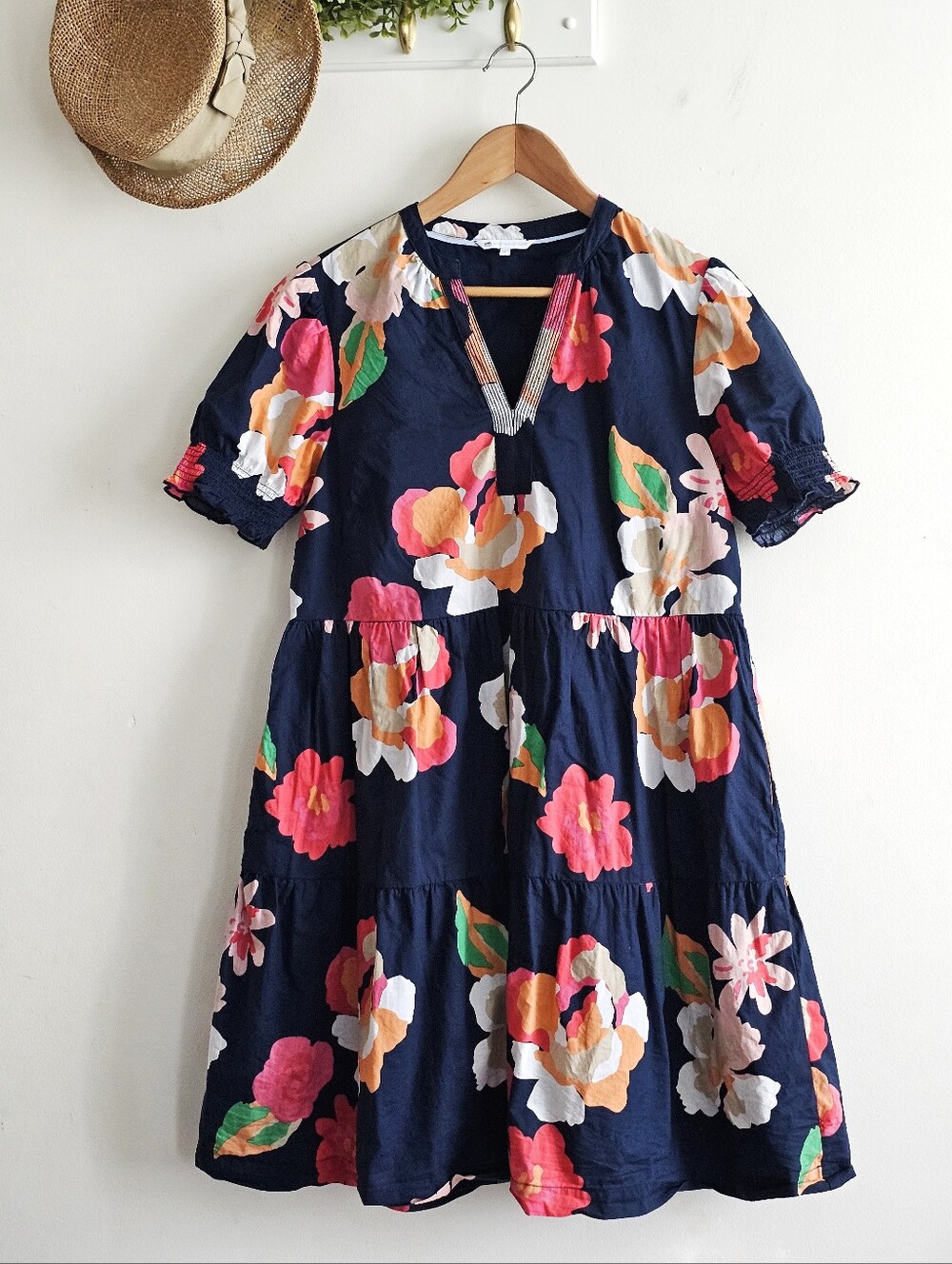 Southern Tide Floral Tiered Cotton Dress Navy Multicolor Smocked Sleeve S